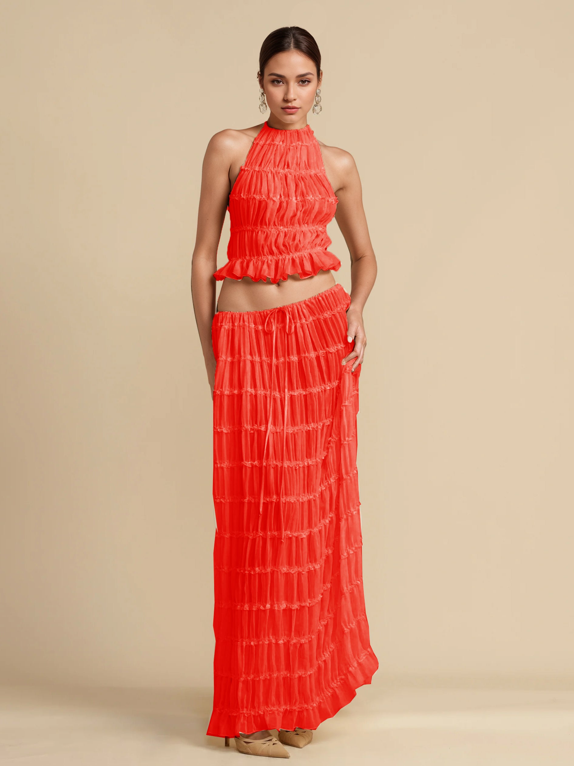 Textured Halter Neck Crop Top And Long Skirt 2 Piece Co-ord Set For Beach 2026