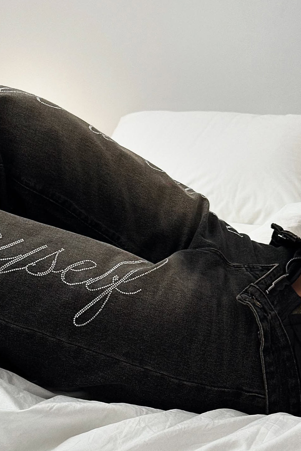 Rhinestone Letter Washed Straight Jean