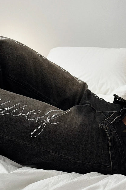 Rhinestone Letter Washed Straight Jean