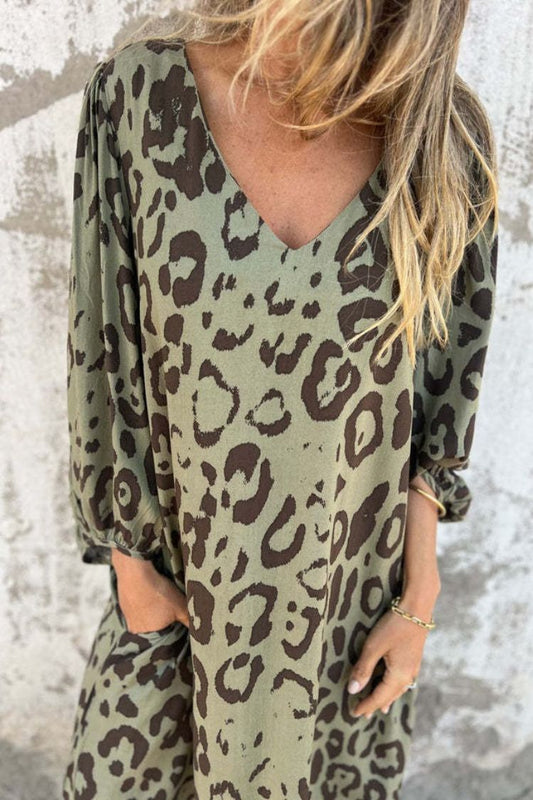 Leopard Print V-neck Pullover Long-sleeved Loose Dress