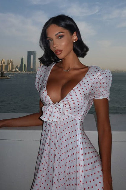 Polka Dot Deep V-Neck Puff Sleeve Tie-Front A-Line Mini Dress