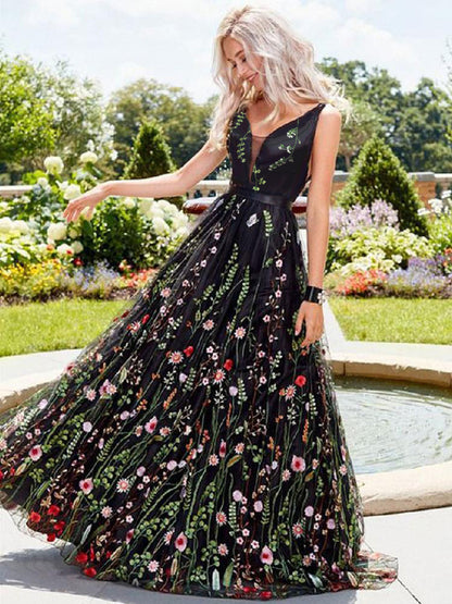 Flower Embroidered Women Maxi Dress - Black V-Neck Tulle Gown - Spring Evening Prom 2026