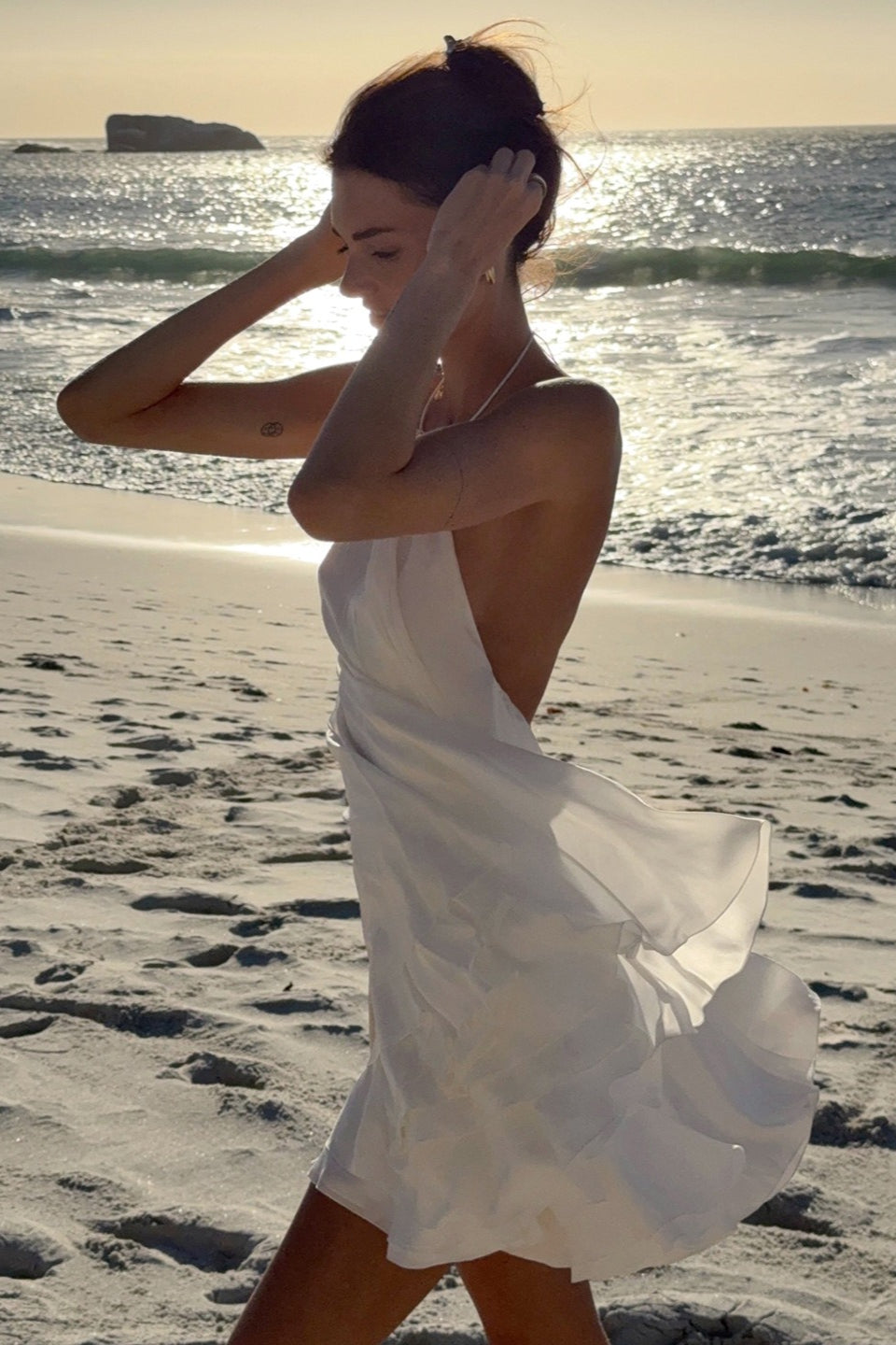 Halter Neck Metal Clasp Backless Tiered Ruffle Chiffon Mini Dress