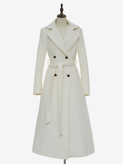 White Longline Woolen Coat Notched Lapel Double Breasted Belted Winter Full Length Outerwear For Women 2026