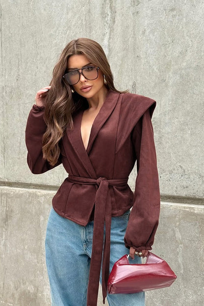 Vintage Wine Red Suede Tie-Waist V-Neck Coat