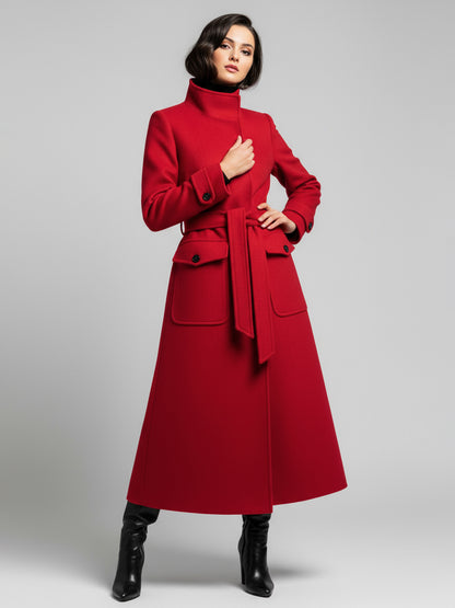 Belted Woolen Stand-Collar Long Winter Coat With Functional Pockets For Women 2026