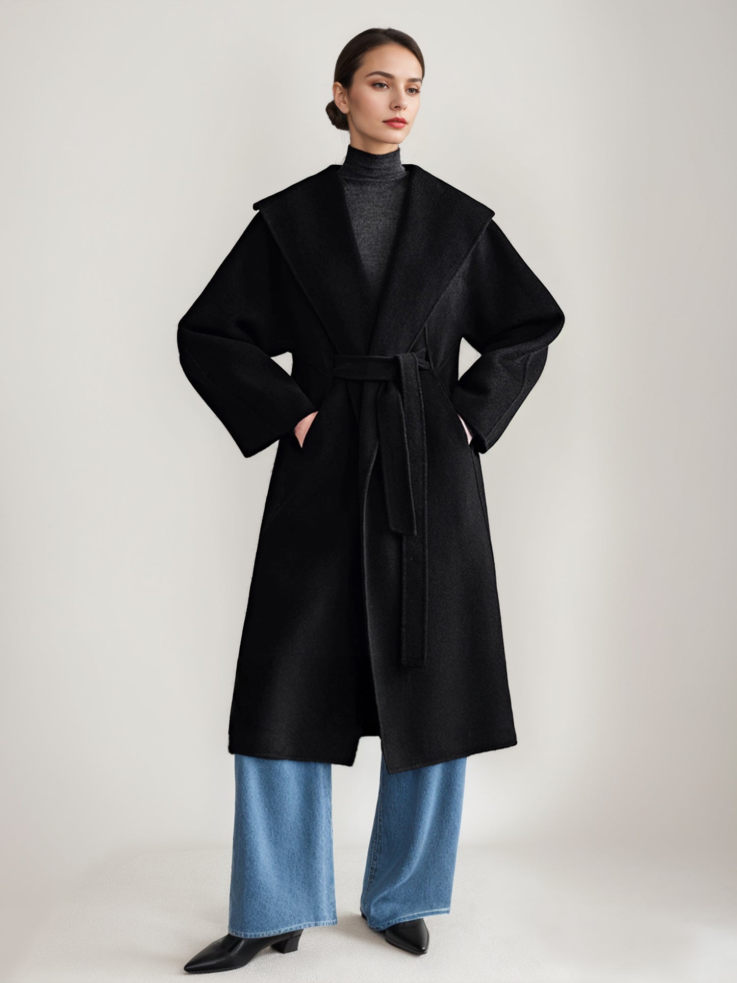 Wool Cashmere Blend Coat White Wide Lapel Double-Faced Belted Winter Outerwear For Women 2026