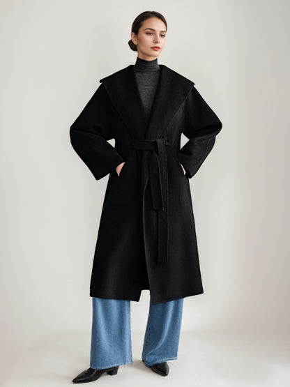 Wool Cashmere Blend Coat White Wide Lapel Double-Faced Belted Winter Outerwear For Women 2026