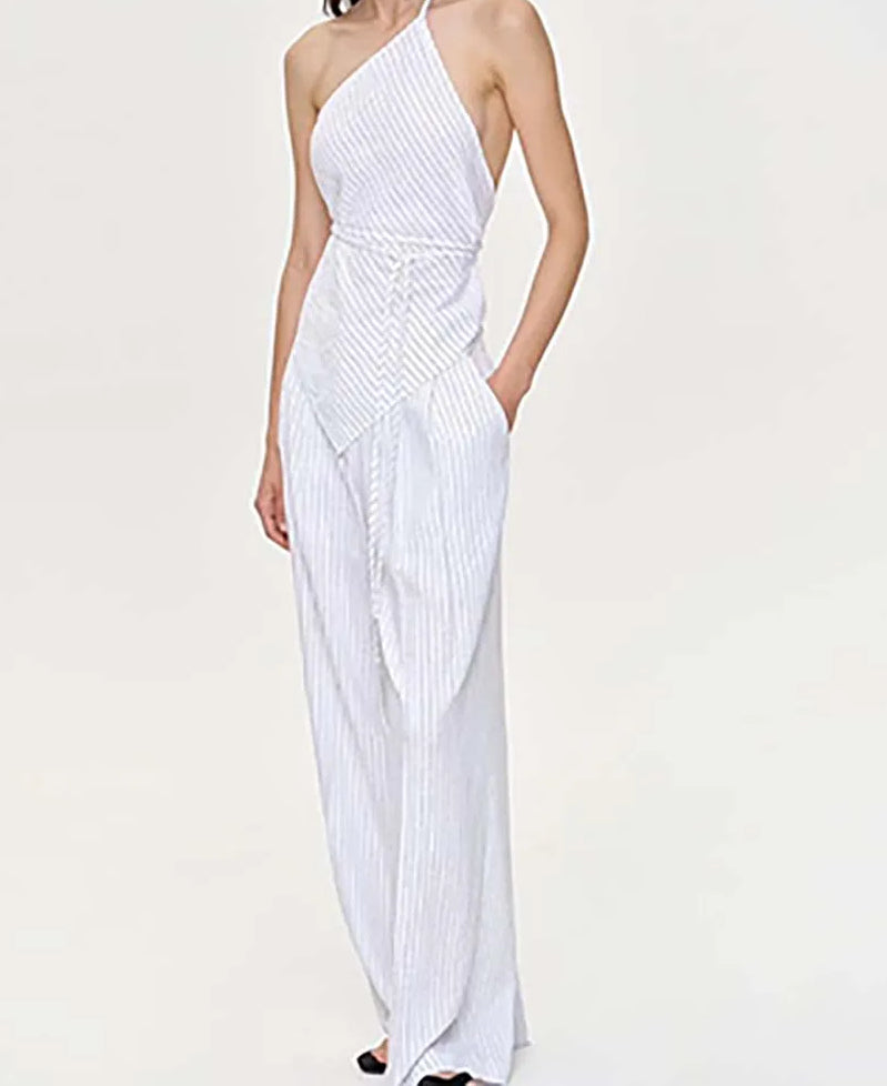 Apricot Print Halter Lace-Up Pants Office Two Piece Set