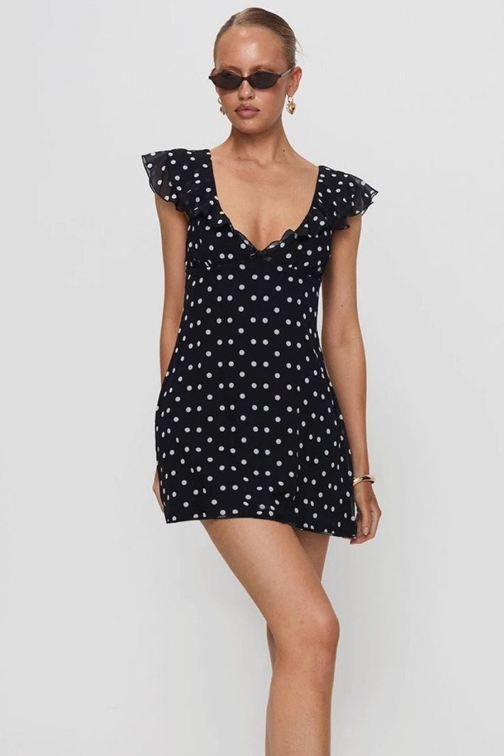 Polka Dot V Neck Ruffle Trim Flutter Sleeve Mini Dress