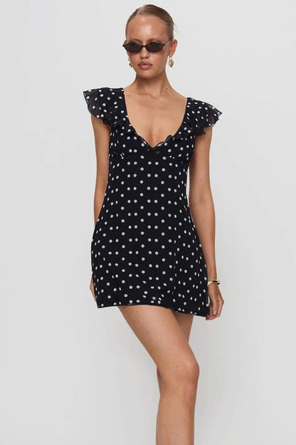 Polka Dot V Neck Ruffle Trim Flutter Sleeve Mini Dress