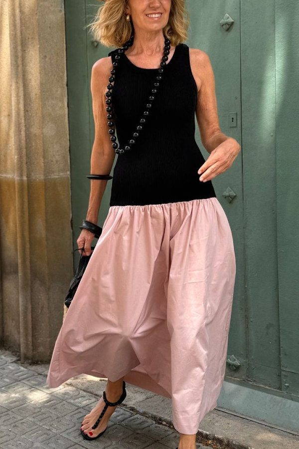 Black Sleeveless Knitted Top with Pink Loose Hem Long Dress