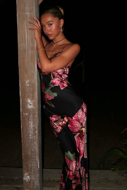 Vintage Floral V-neck Cami Bodycon Maxi Dress