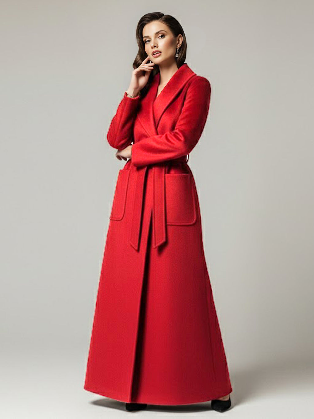 Belted Woolen Full-Length Maxi Coat With Wide Shawl Collar For Women 2026