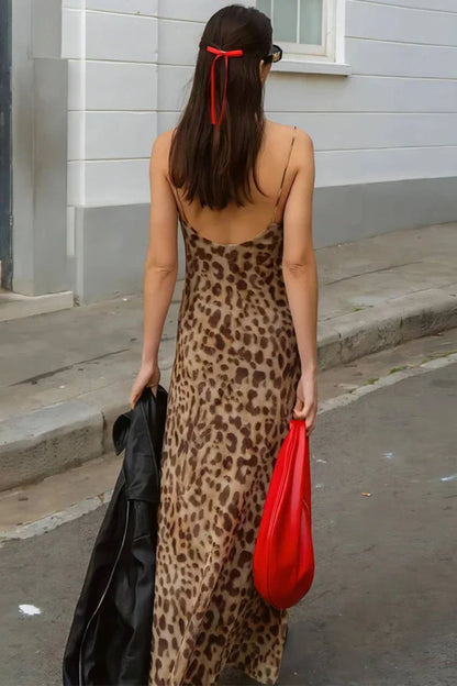Silky Leopard Swing Ruffle Club Maxi Dress