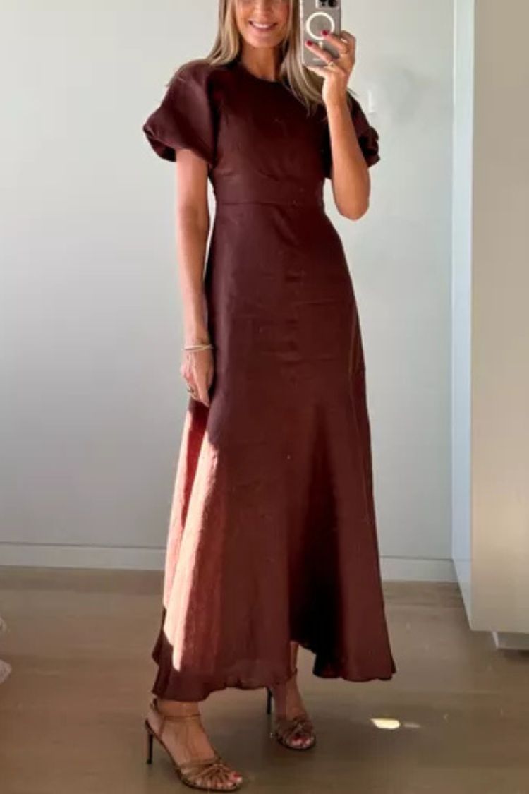 Della Linen Blend Short Sleeve Fitted Waist Maxi Dress