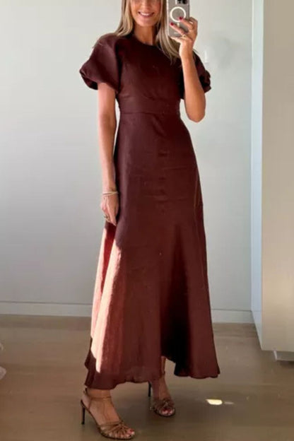 Della Linen Blend Short Sleeve Fitted Waist Maxi Dress