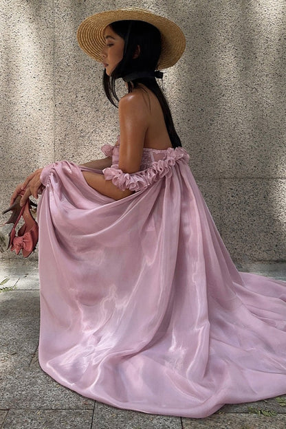 Off Shoulder Ruffle Bubble Hem High Low Organza Train Maxi Dress