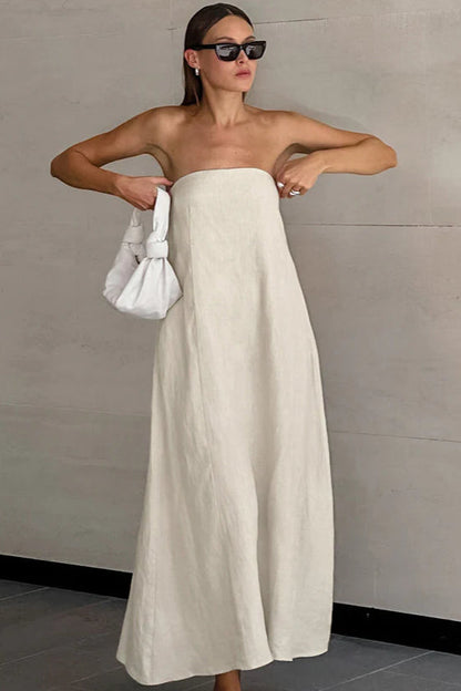 Khaki Cotton Linen Strapless Backless Maxi Dress