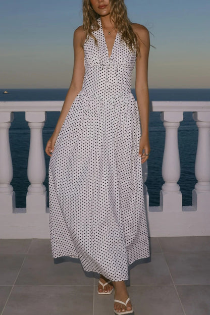 Polka Dot Print Halter Neck Fitted Waist Holiday Maxi Dress