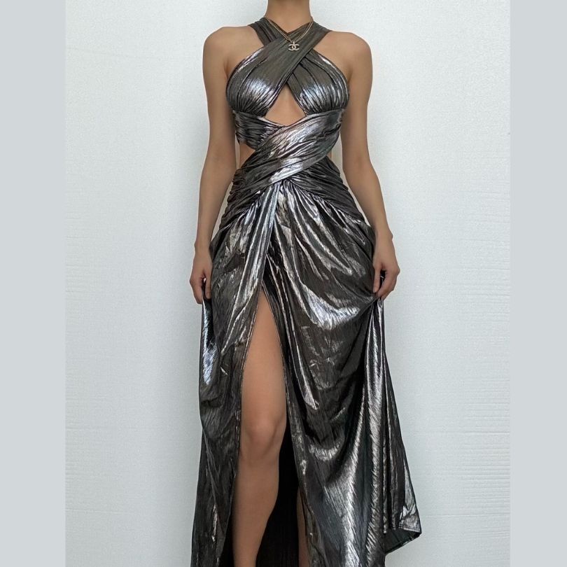 Cross front hollow out high slit ruched metallic cut out maxi dress