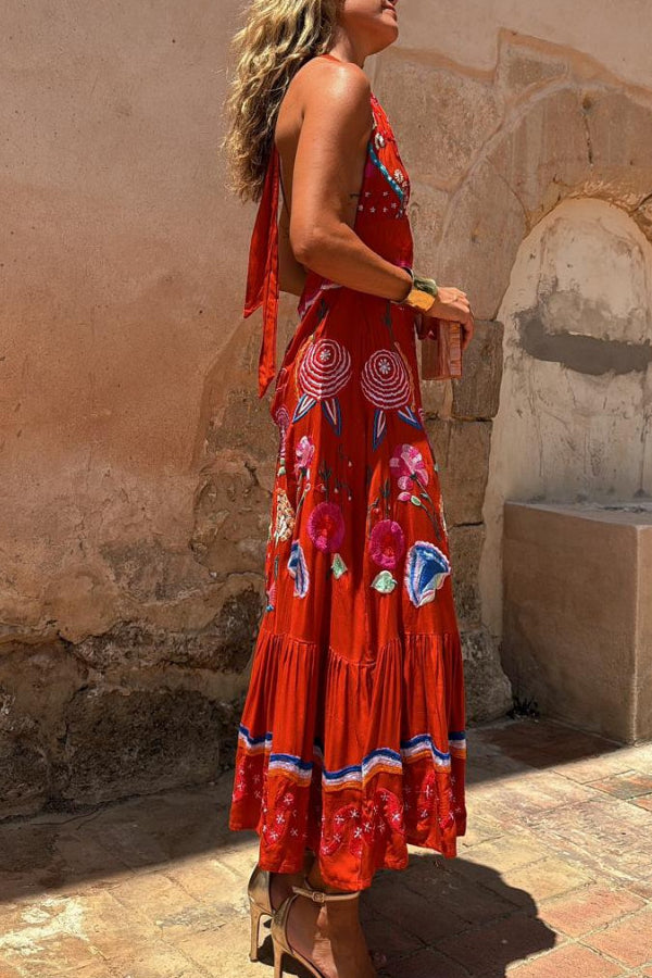 V-neck Casual Oil Painting Print Art Suspender Dress