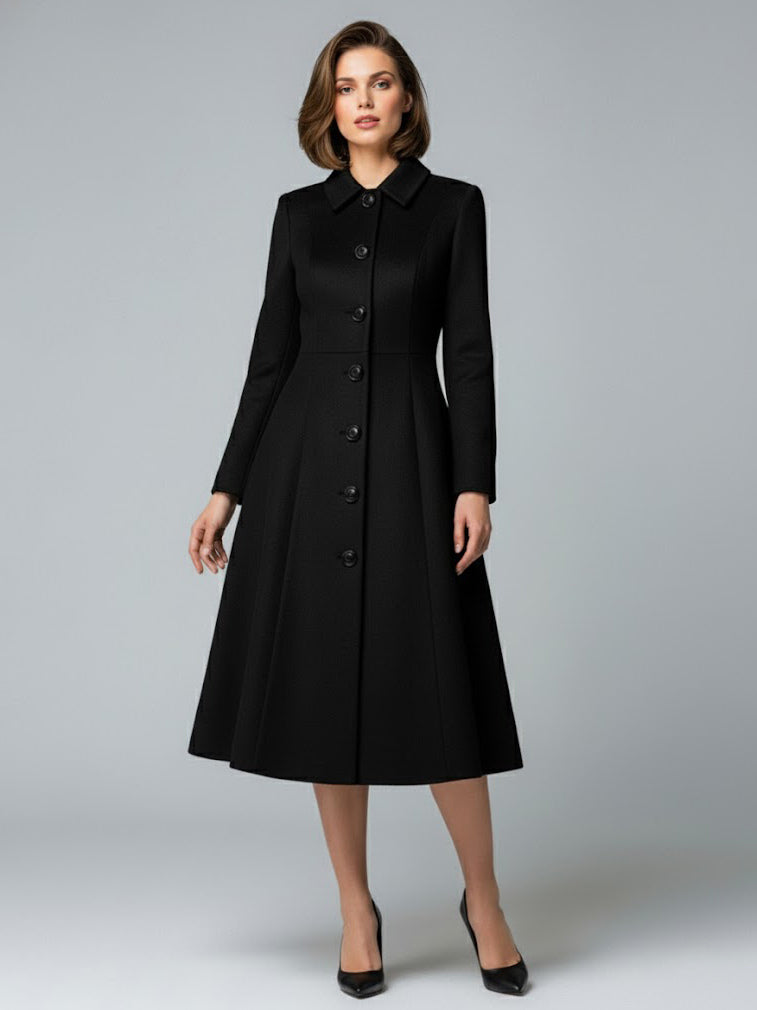 Woolen A-Line Midi Coat With Shirt Collar For Women 2026
