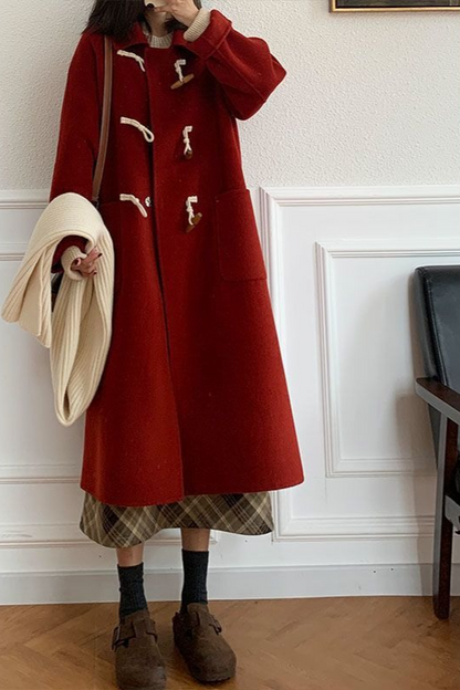 Petite Red Thickened Wool Horn Button Overcoat