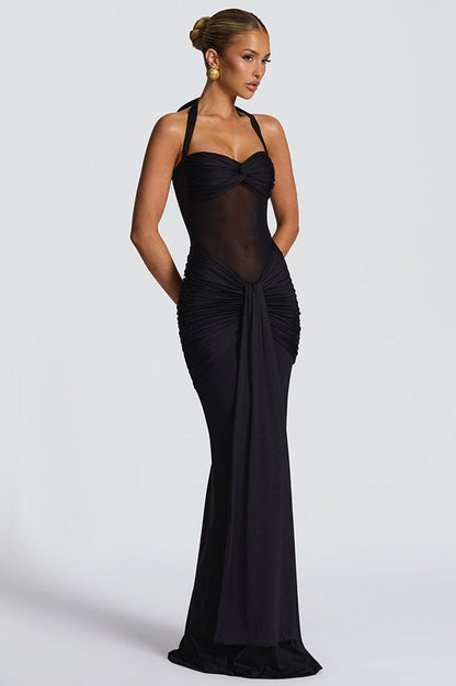 Mesh Paneled Fishtail Sash Bodycon Party Dress