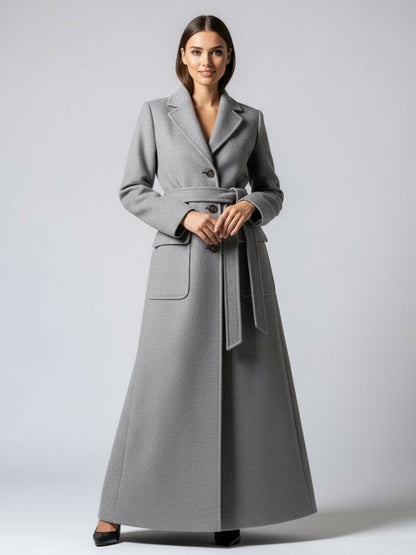 Belted Full Length Maxi Woolen Coat With Lapel And Big Pockets For Women 2026