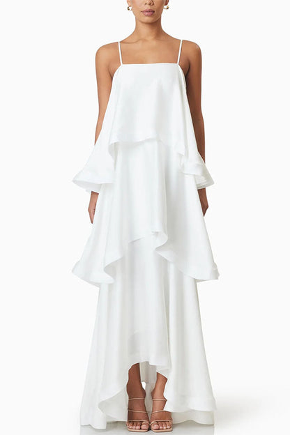Soft and Smooth Satin Tiered Slip Square Neck A-line Maxi Dress