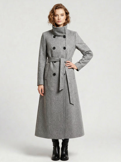 Belted Long Woolen coat with Double-breasted and high collar For Women 2026