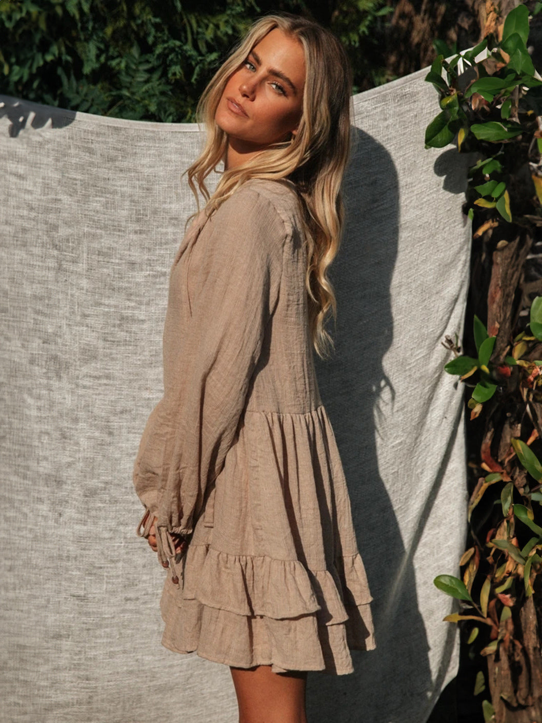 Boho Lantern Sleeve Mini Dress for Women - Cotton Blend V Neck Tiered Ruffle Loose Fit Smock - Spring Casual Resort 2026