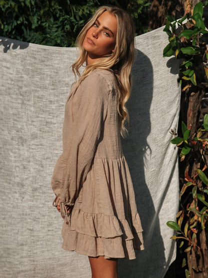 Boho Lantern Sleeve Mini Dress for Women - Cotton Blend V Neck Tiered Ruffle Loose Fit Smock - Spring Casual Resort 2026