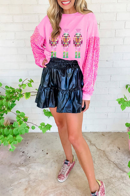 Pink Nutcracker Sequin Sleeve Patchwork Graphic Sweatshirt