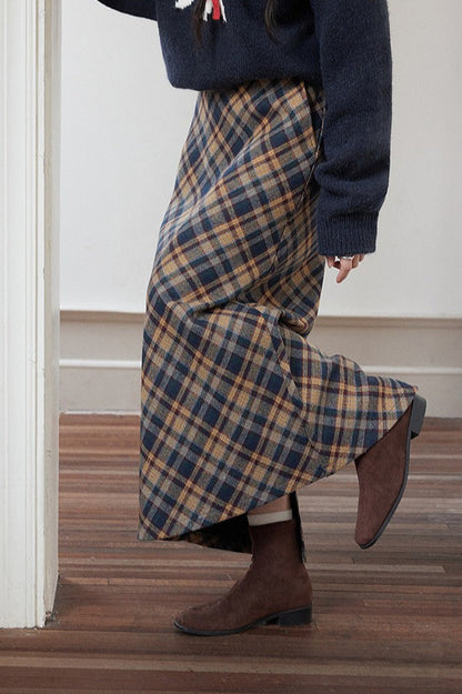 Vintage High-Waist Plaid Pencil Skirt