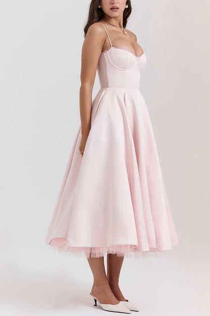 Lace Trim Sweetheart Corset Bodice Tulle Petticoat Fit and Flare Midi Dress