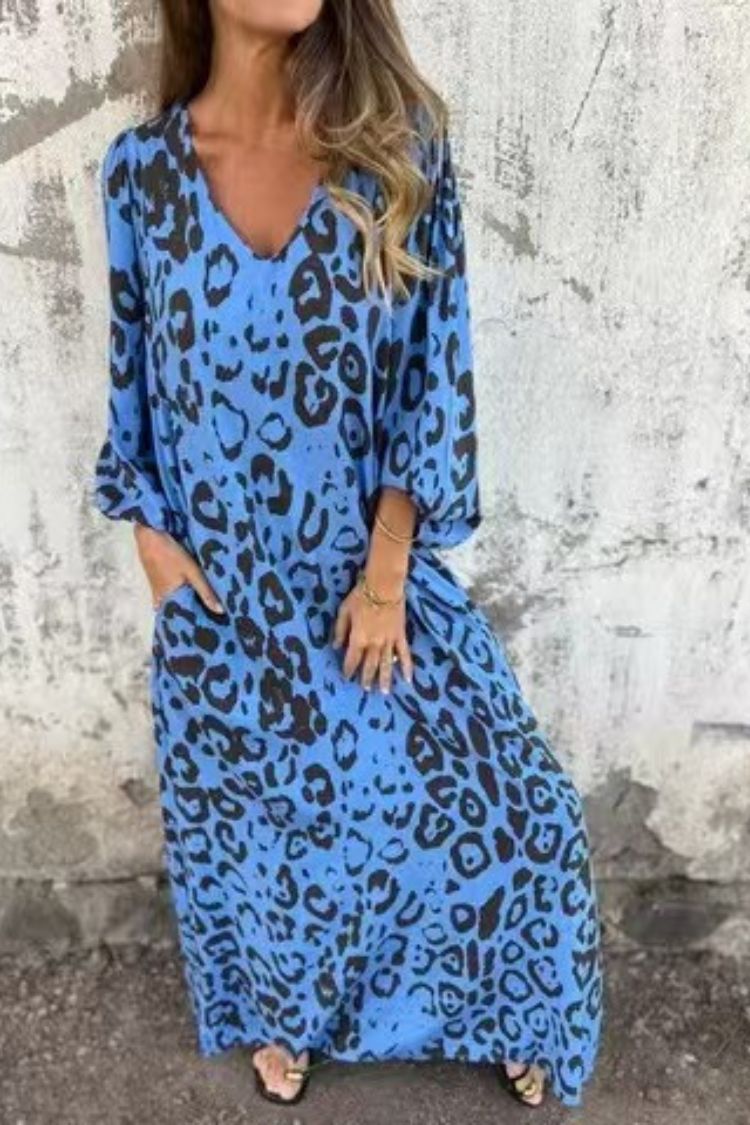 Leopard Print V-neck Pullover Long-sleeved Loose Dress