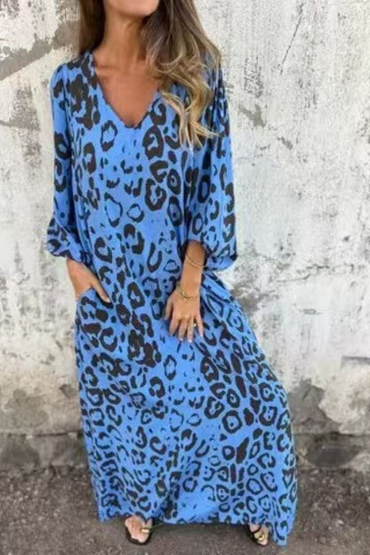 Leopard Print V-neck Pullover Long-sleeved Loose Dress