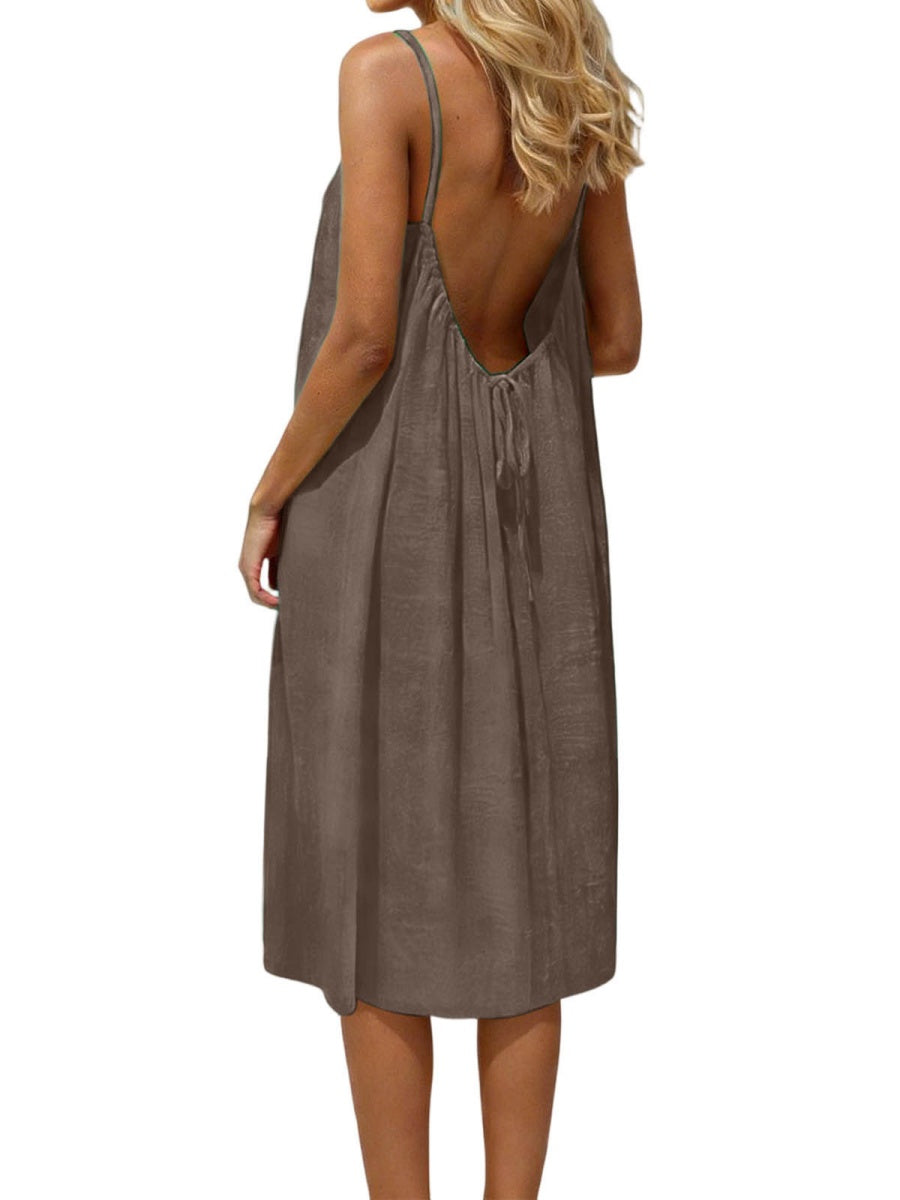 Ice Silk Linen Backless Halter Solid Color Midi Dress