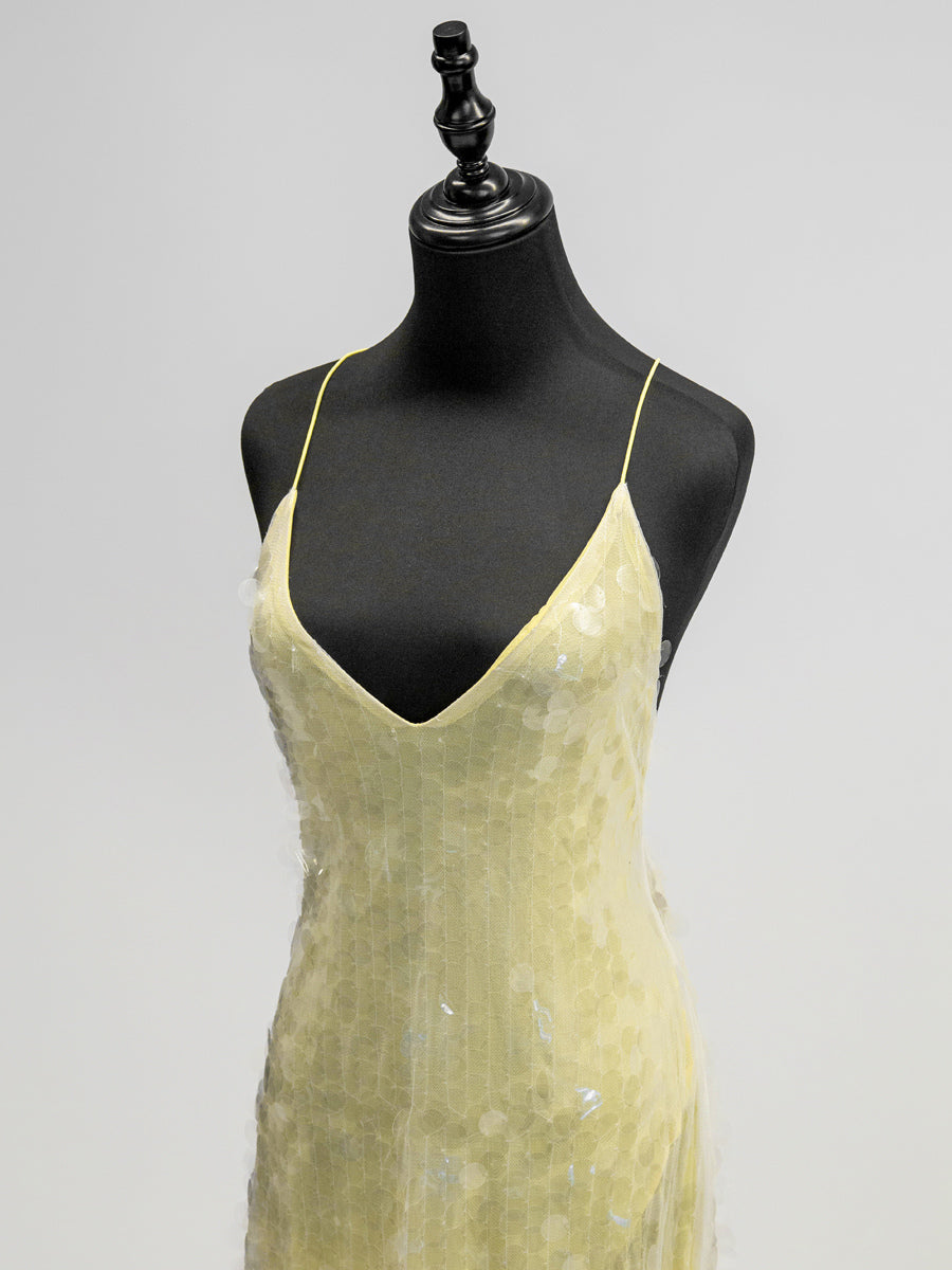 Sequin Sheer Maxi Slip Dress for Women - Butter Yellow Boho Backless V Neck Mermaid Cut Evening Gown - Summer Beach 2026