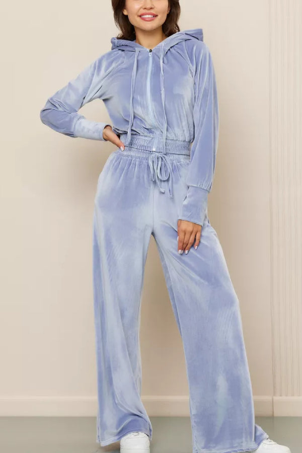 Fashion Zipper Open Velvet Casual Two -piece Suit