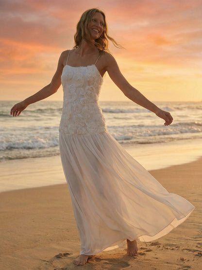 3D Floral Cami Maxi Dress for Women - Boho Rosette Bodice Flowy Spaghetti Strap Gown - Summer Beach Resort 2026