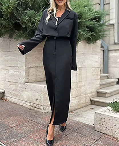 Khaki Single Button Crop Skirt Office Two Piece Set