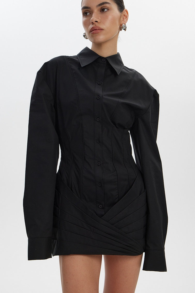 Button Down Corset Waist Draped Tulip Hem Long Sleeve Mini Dress