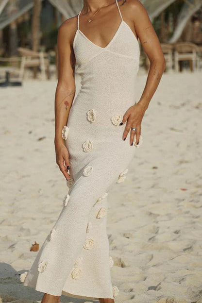 Floral Knit Backless Lace-Up Fitted Maxi Dress