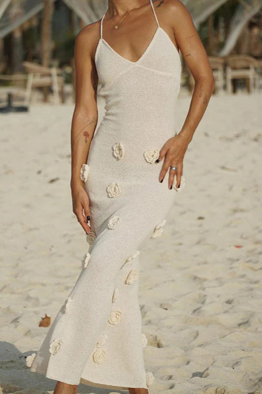 Floral Knit Backless Lace-Up Fitted Maxi Dress