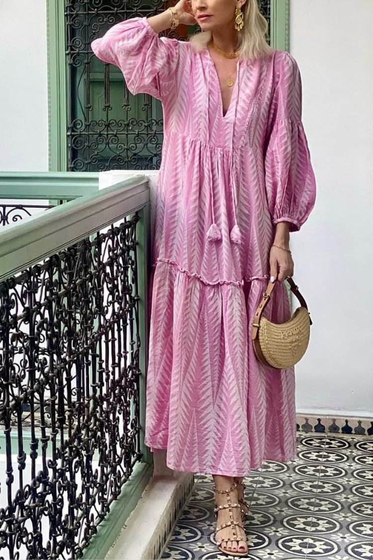Marrakech Stories Linen Blend Printed Balloon Sleeve Pocketed A-line Midi Dress