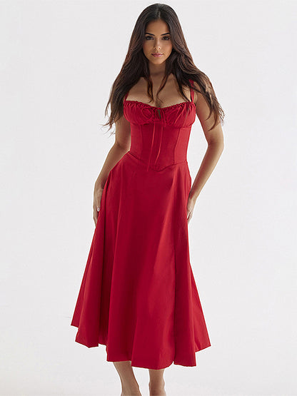 Soft Pink Summer Dress Sleeveless Straps Neck Cottagecore Lace Up Midi Dress For Women