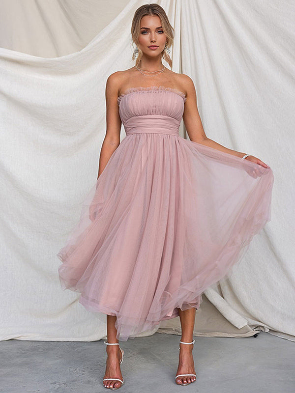 Tulle Dresses Strapless Pleated Off The Shoulder Layered Prom Midi Dress